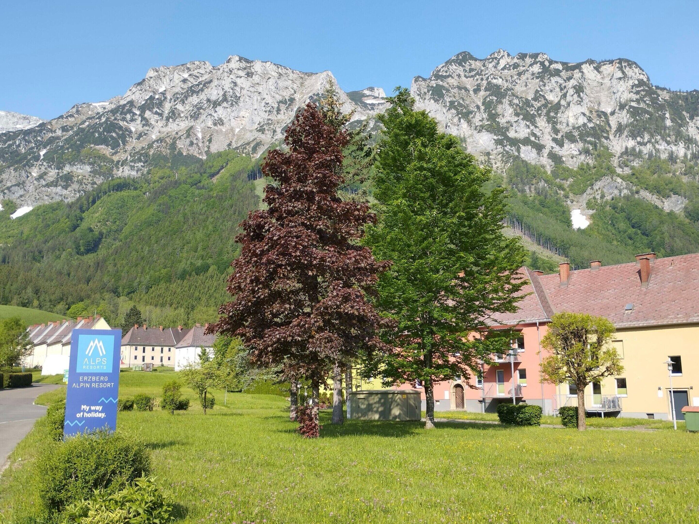 A sign for Alpen Resorts in Erzberg, with a mountain backdrop and a grassy area with trees.