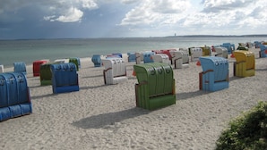 A beach with rows of numbered beach chairs. - Bungalow by the Sea With Sauna in Germany (Sierksdorf)