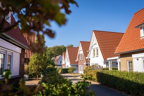 Een rij traditionele huizen met rode dakpannen en witte gevels, een heldere lucht en een pad dat door het perceel loopt.
