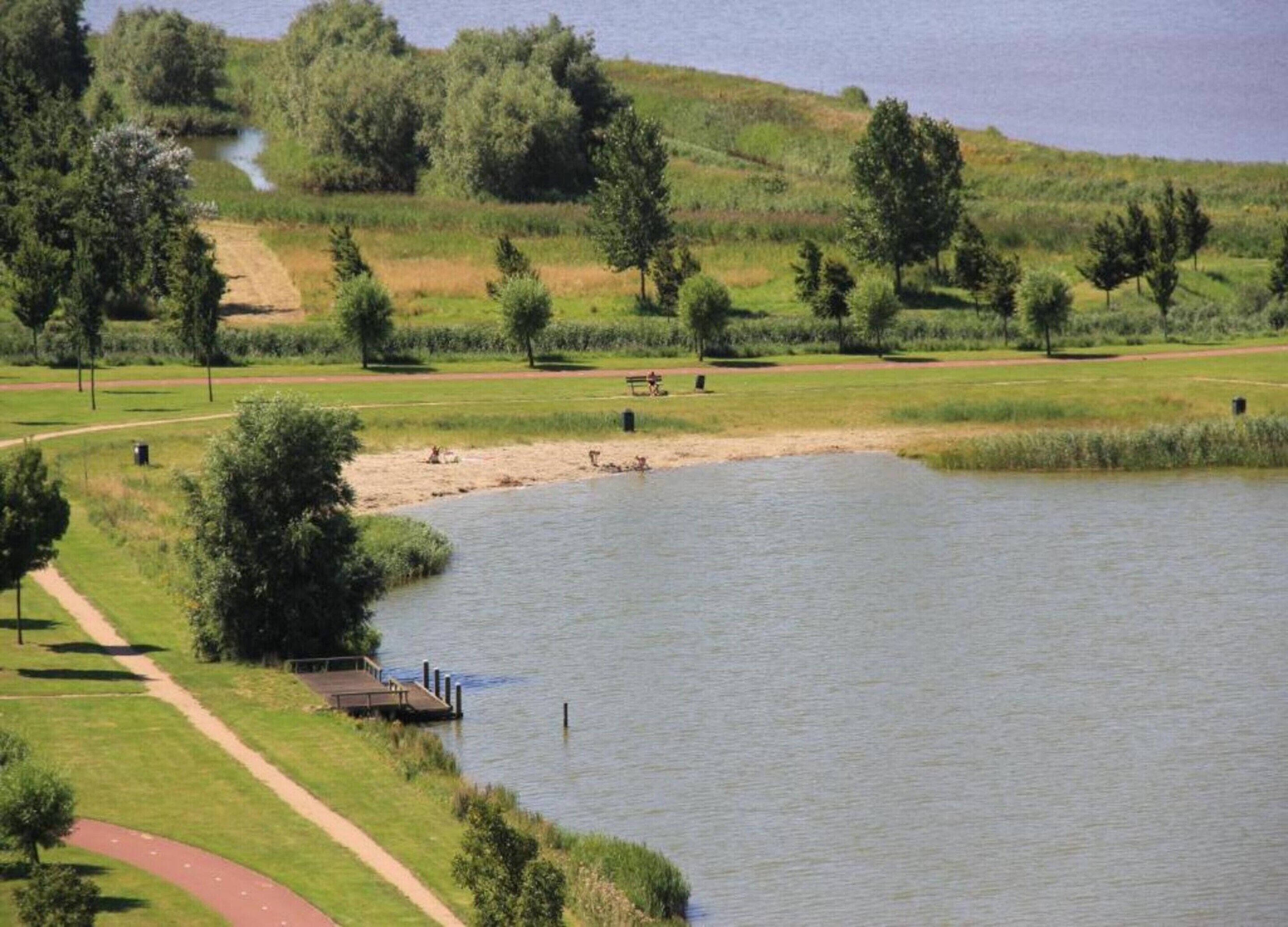 A lakeside park with a walking path, a dock, and a grassy area with trees.