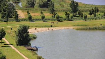 A lakeside park with a walking path, a dock, and a grassy area with trees.