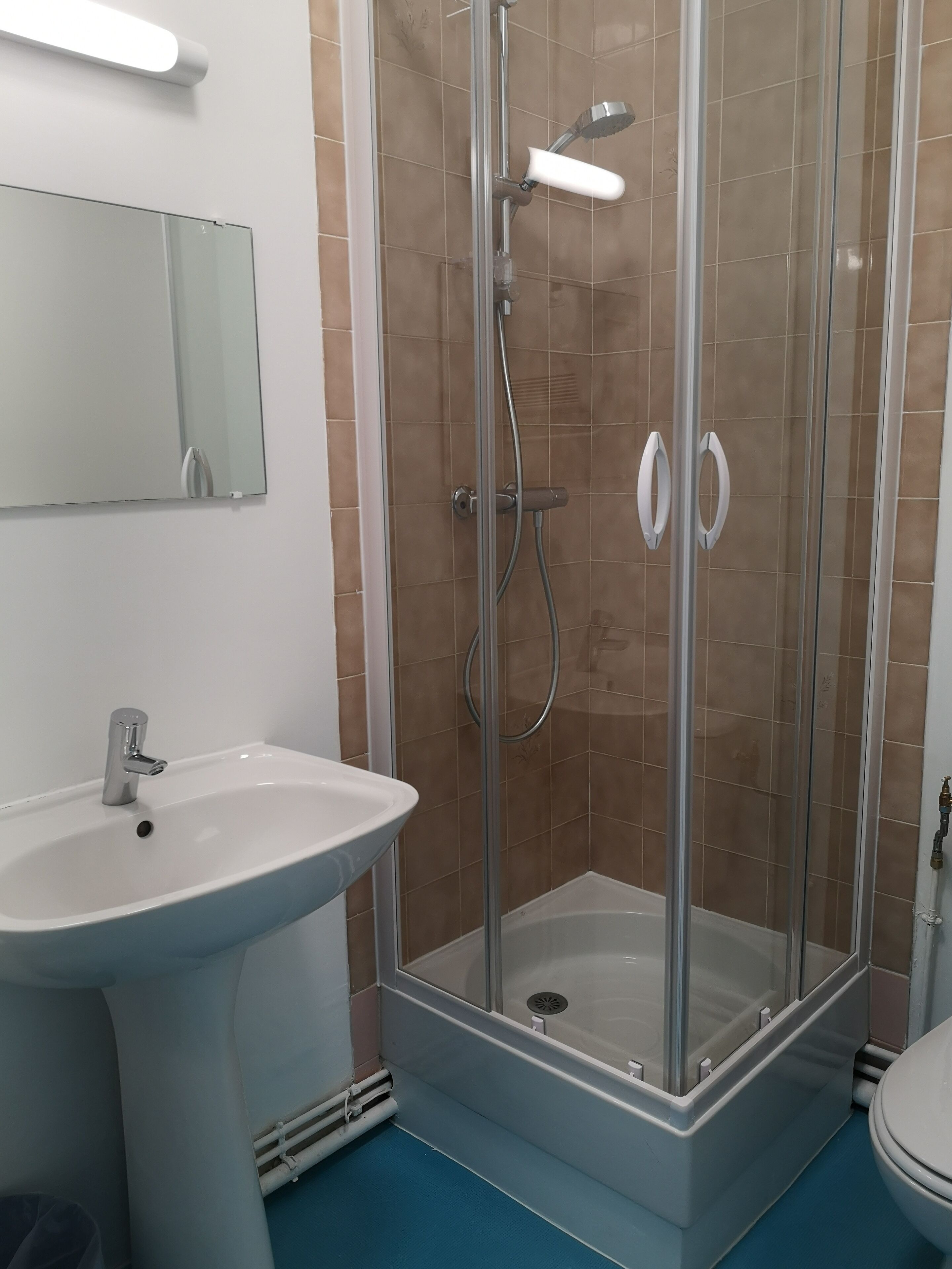 A bathroom with a glass-enclosed shower, a white sink, and a toilet.