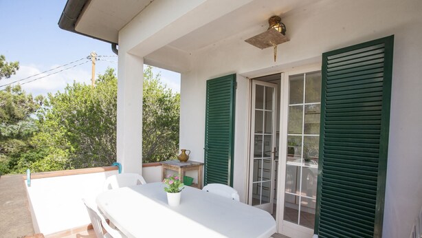 A covered outdoor area with a table and chairs, a potted plant, and a window with green shutters. - APP.TI VILLA ANNA - VILLA ANNA - TRILO PRIMO PIANO (Capoliveri)