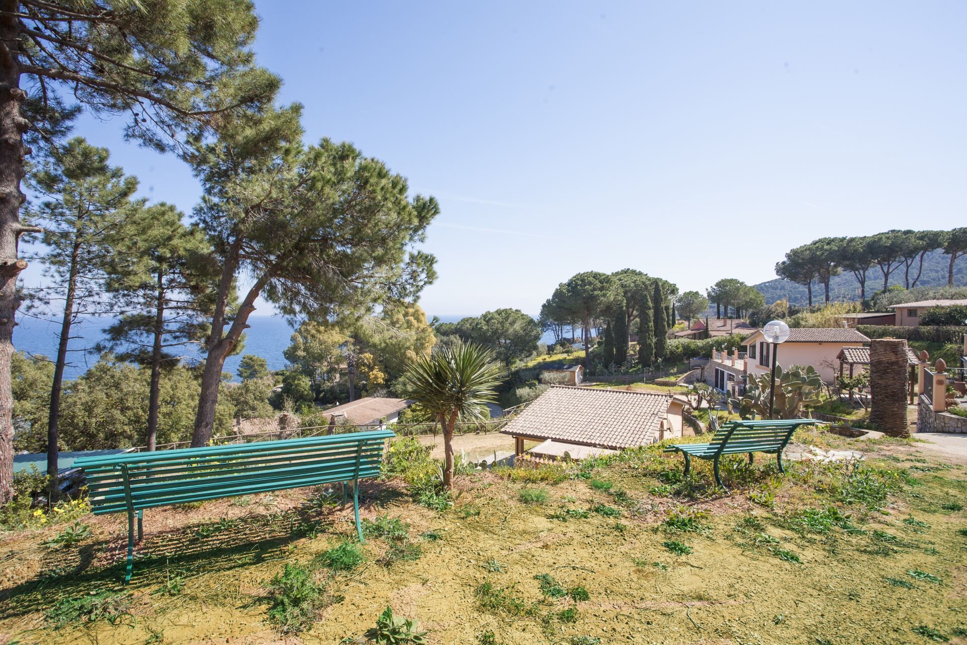 A coastal area with two green benches, a small building with a tiled roof, and a view of the sea.