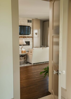 Smart TV, fireplace, books