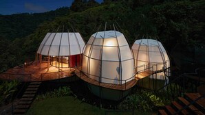 Trois structures en forme de dôme, dotées de terrasses et d’escaliers en bois, entourées d’une végétation luxuriante et surplombées par un ciel étoilé.