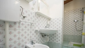 Un bagno con WC, bidet e doccia.