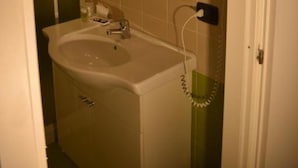 Ein kleines Badezimmer mit Waschbecken, Spiegel und Duschbrause.