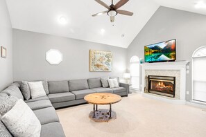 Fernseher, Kamin, Tischtennisplatte, Bücher