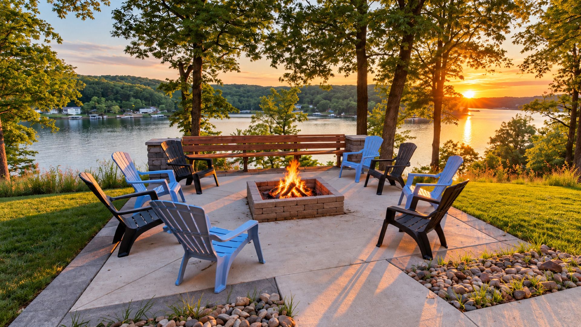 An outdoor seating area with a fire pit, surrounded by Adirondack chairs, overlooking a lake with a sunset in the background.