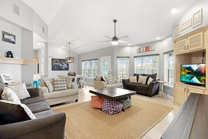 TV, fireplace, ping pong, books