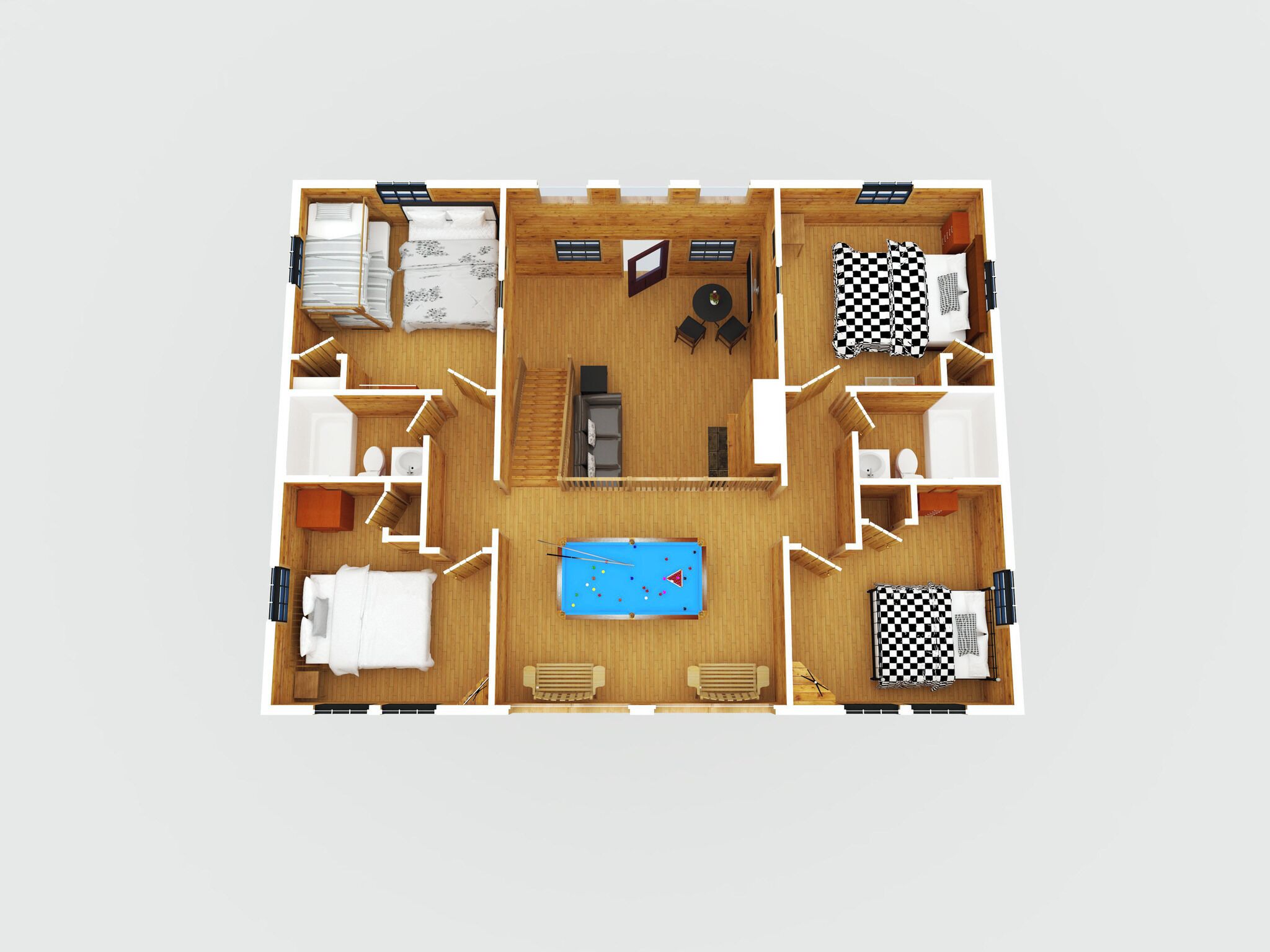 Un hôtel à deux étages comprenant une piscine, deux chambres, une salle de bain et un coin repas.