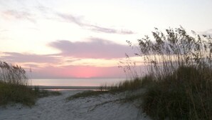A beach with sand dunes and grasses in the foreground.