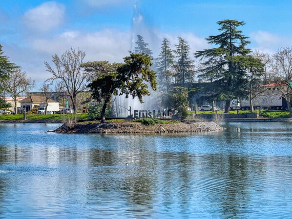 A lake with a fountain and a sign that reads "Welcome to Ellis Lake." - The Marysville Dome (Marysville)