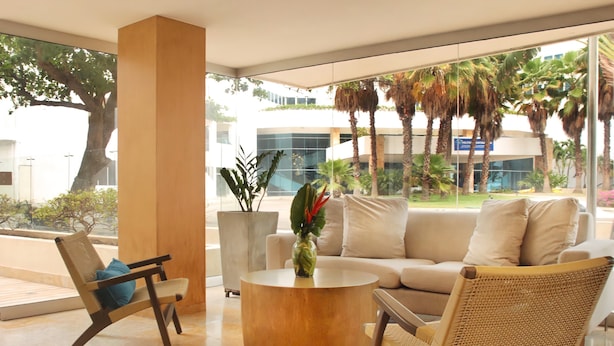 Un área de descanso moderna con un sofá, dos sillones, una mesa de centro y una planta en maceta.