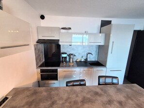 Fridge, dishwasher, cookware/dishes/utensils