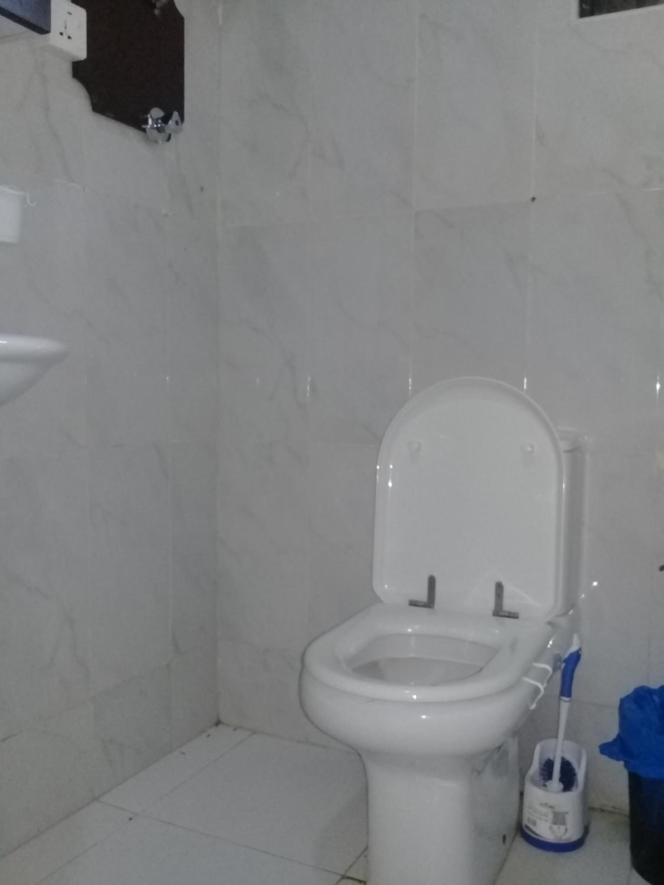 Een badkamer met een toilet, een blauwe prullenbak en een witte vloer.