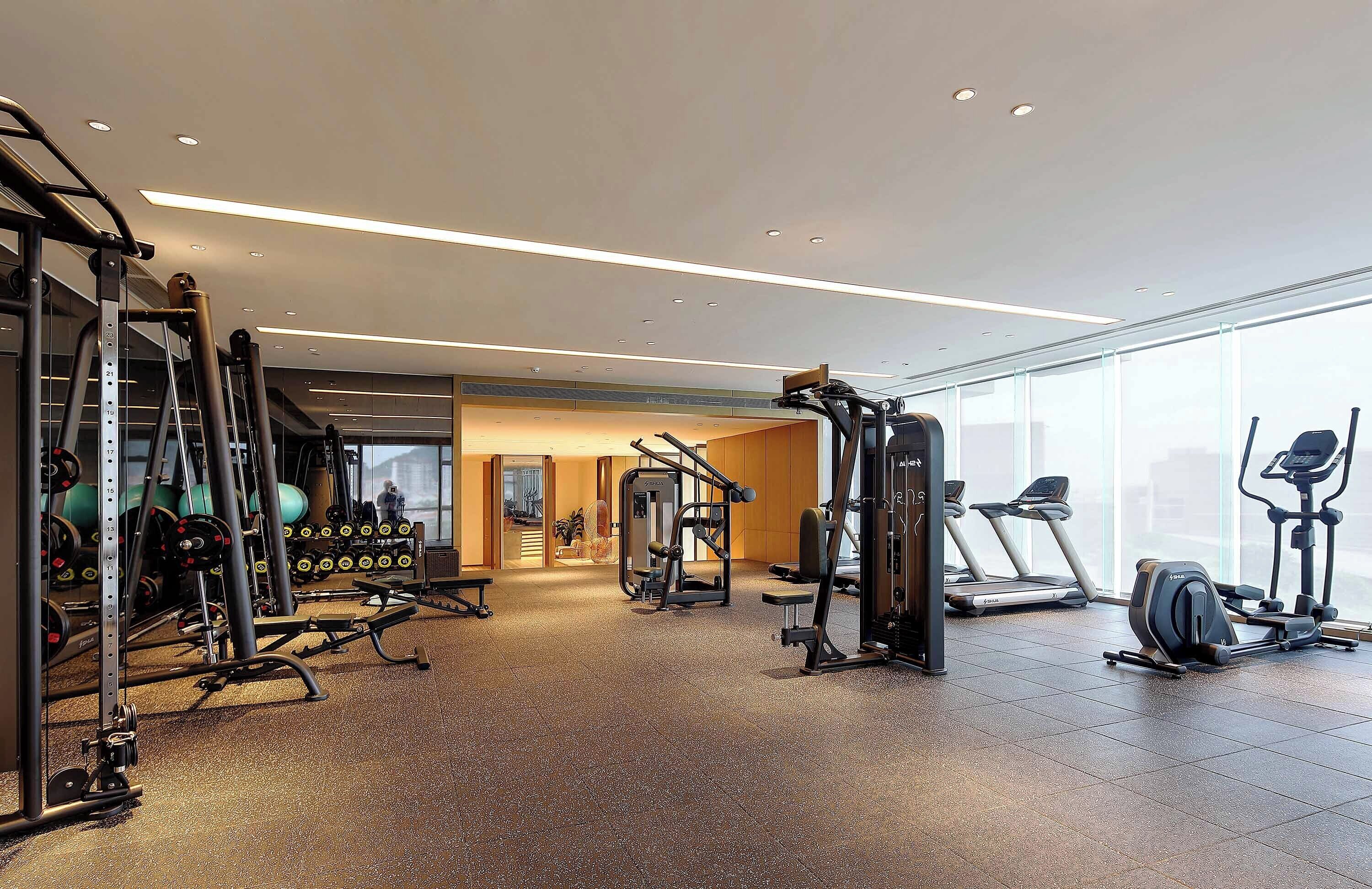 A modern gym with various exercise equipment, including treadmills, weight machines, and free weights.