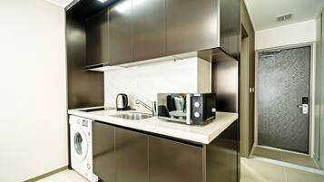 Fridge, microwave, electric kettle