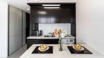 Fridge, microwave, electric kettle