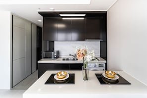 Fridge, microwave, electric kettle