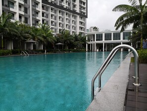 Outdoor pool, pool umbrellas, pool loungers