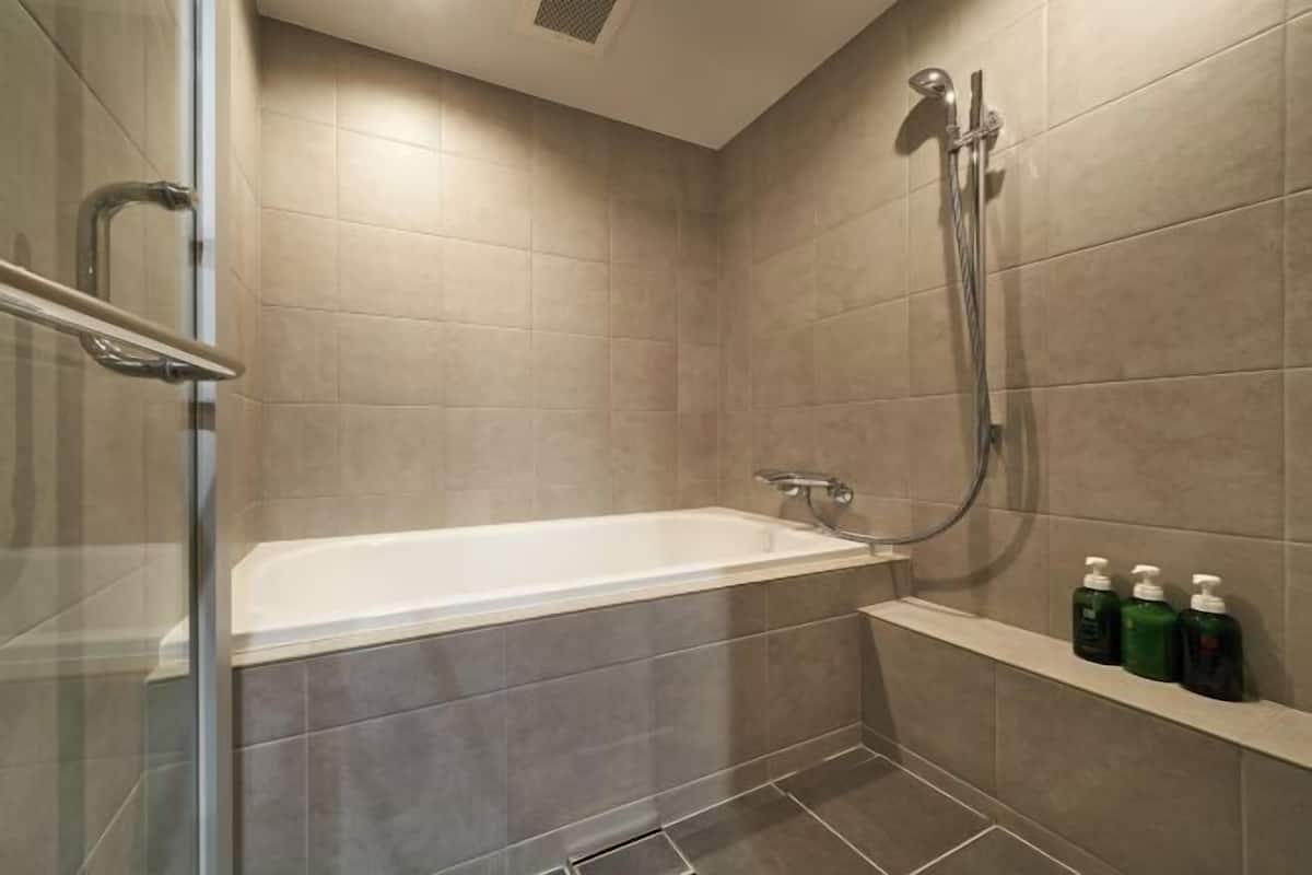 Combined shower/tub, deep soaking tub, hair dryer, slippers