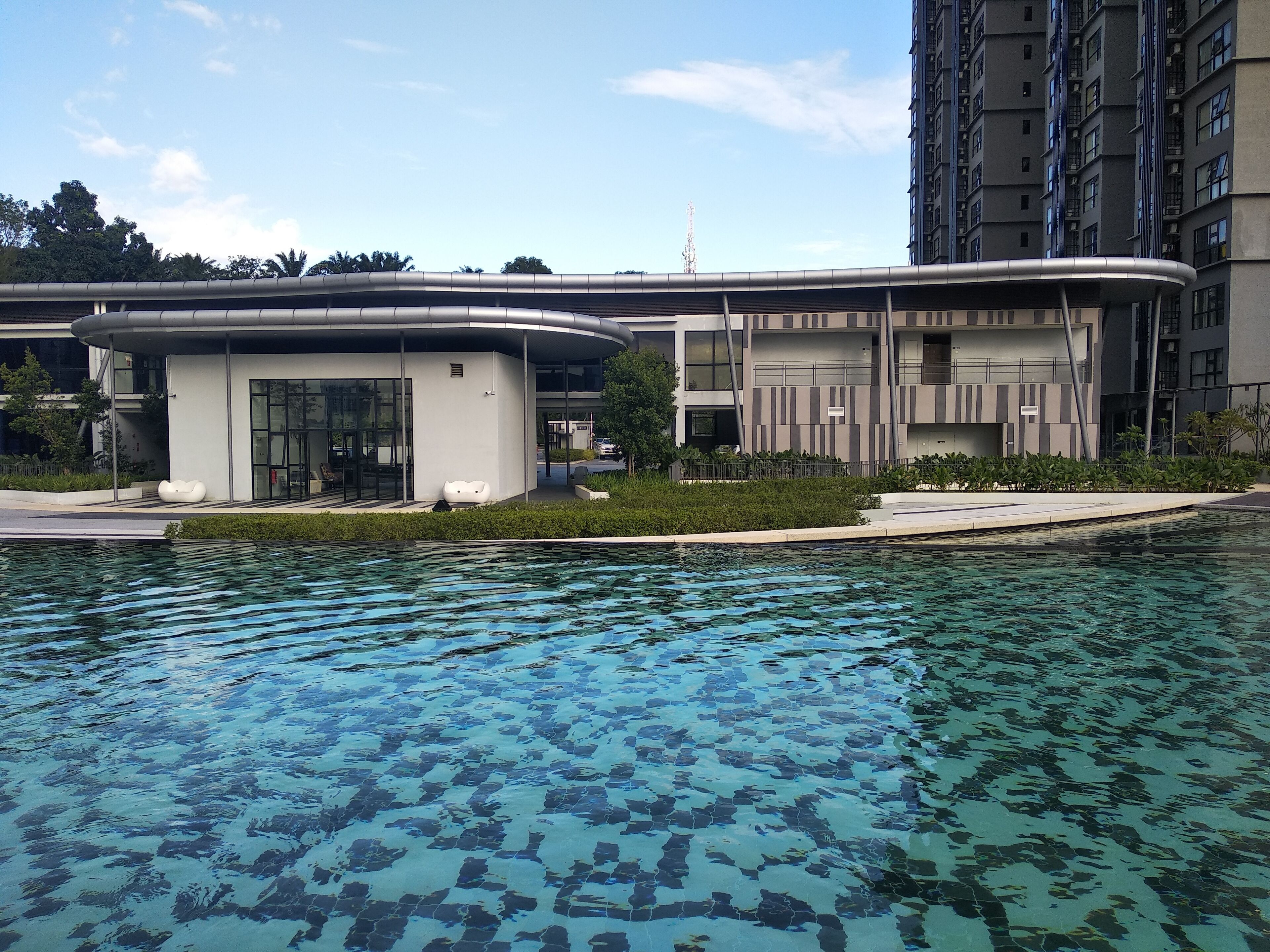 Outdoor pool, pool umbrellas, pool loungers