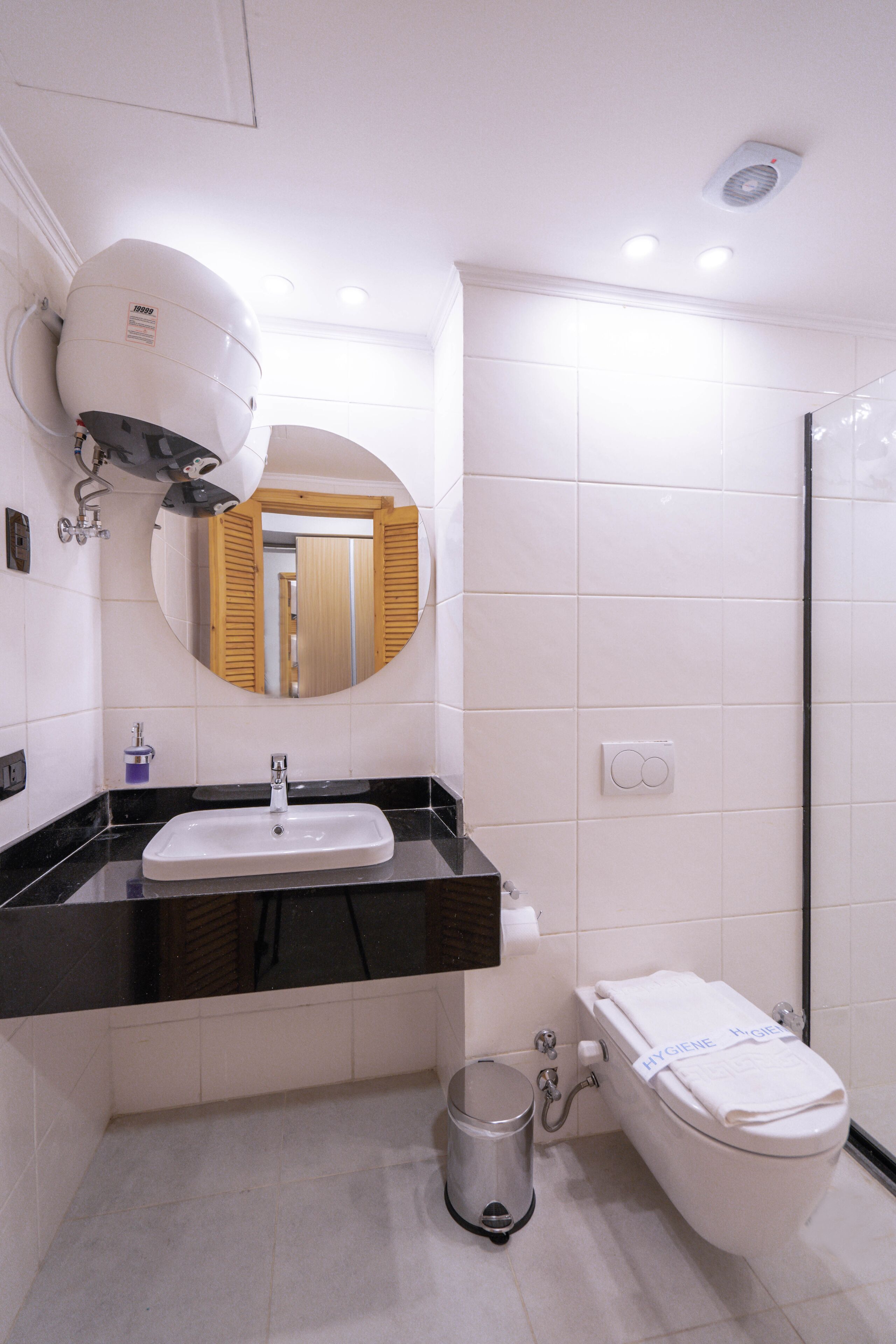 shower, rainfall showerhead, hair dryer, heated floors