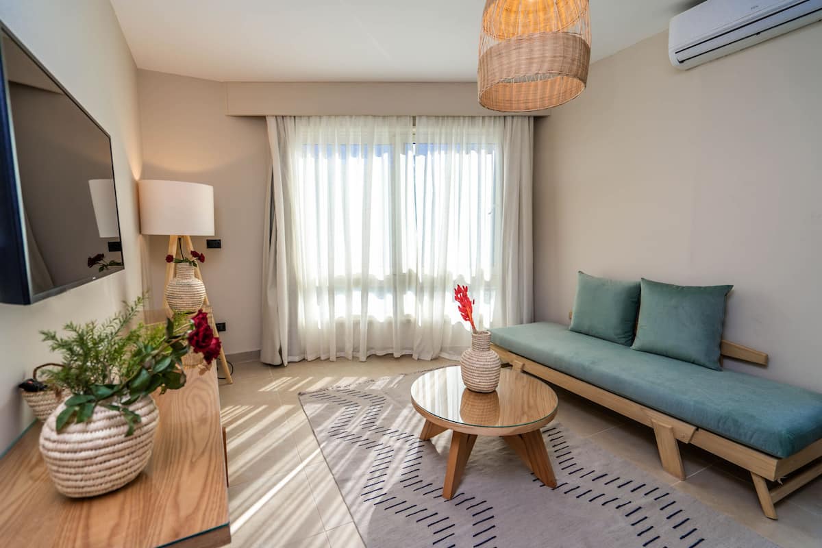 A modern living room with a sofa, a coffee table, and decorative vases.