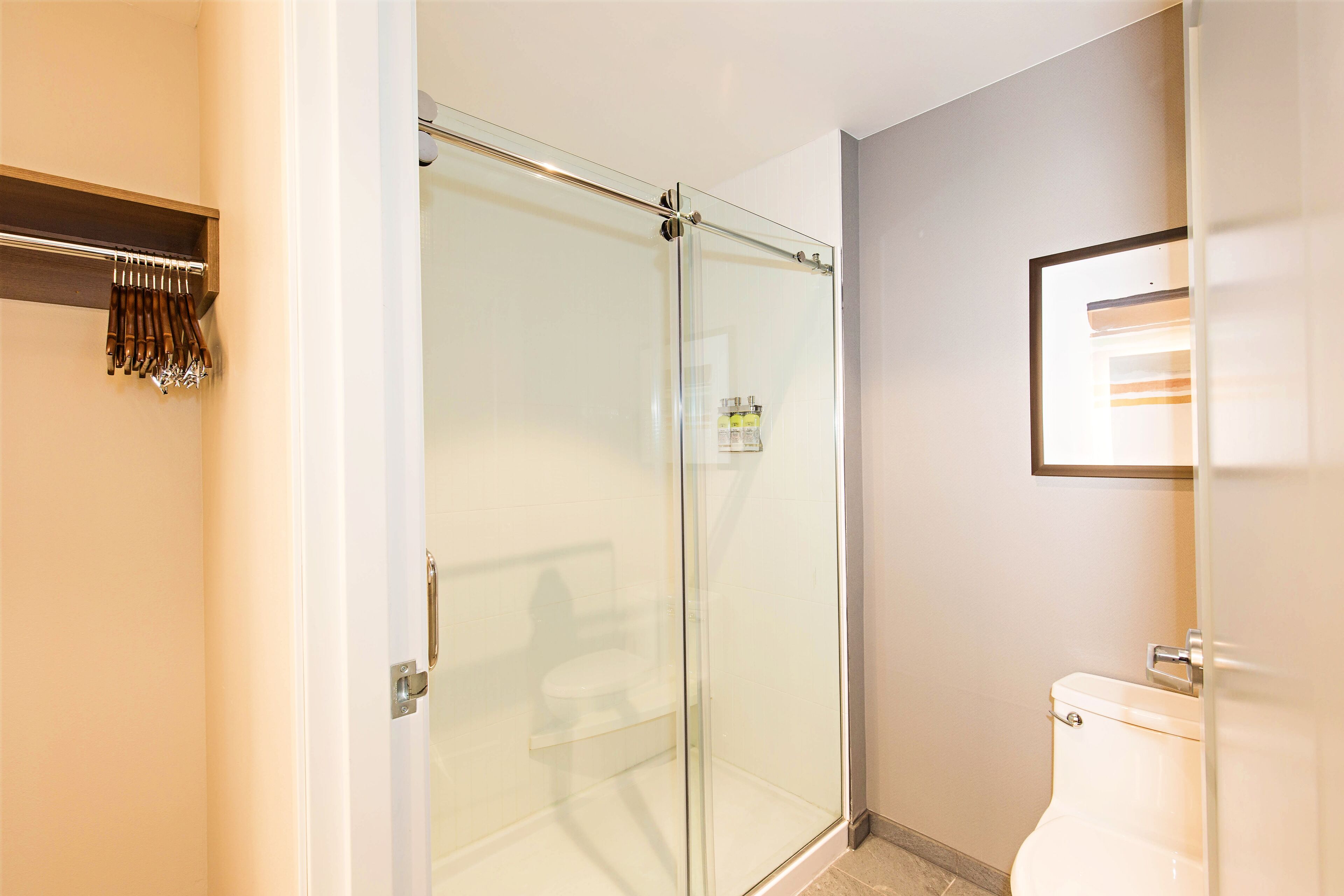 A modern bathroom with a glass shower enclosure, a toilet, and a towel rack.