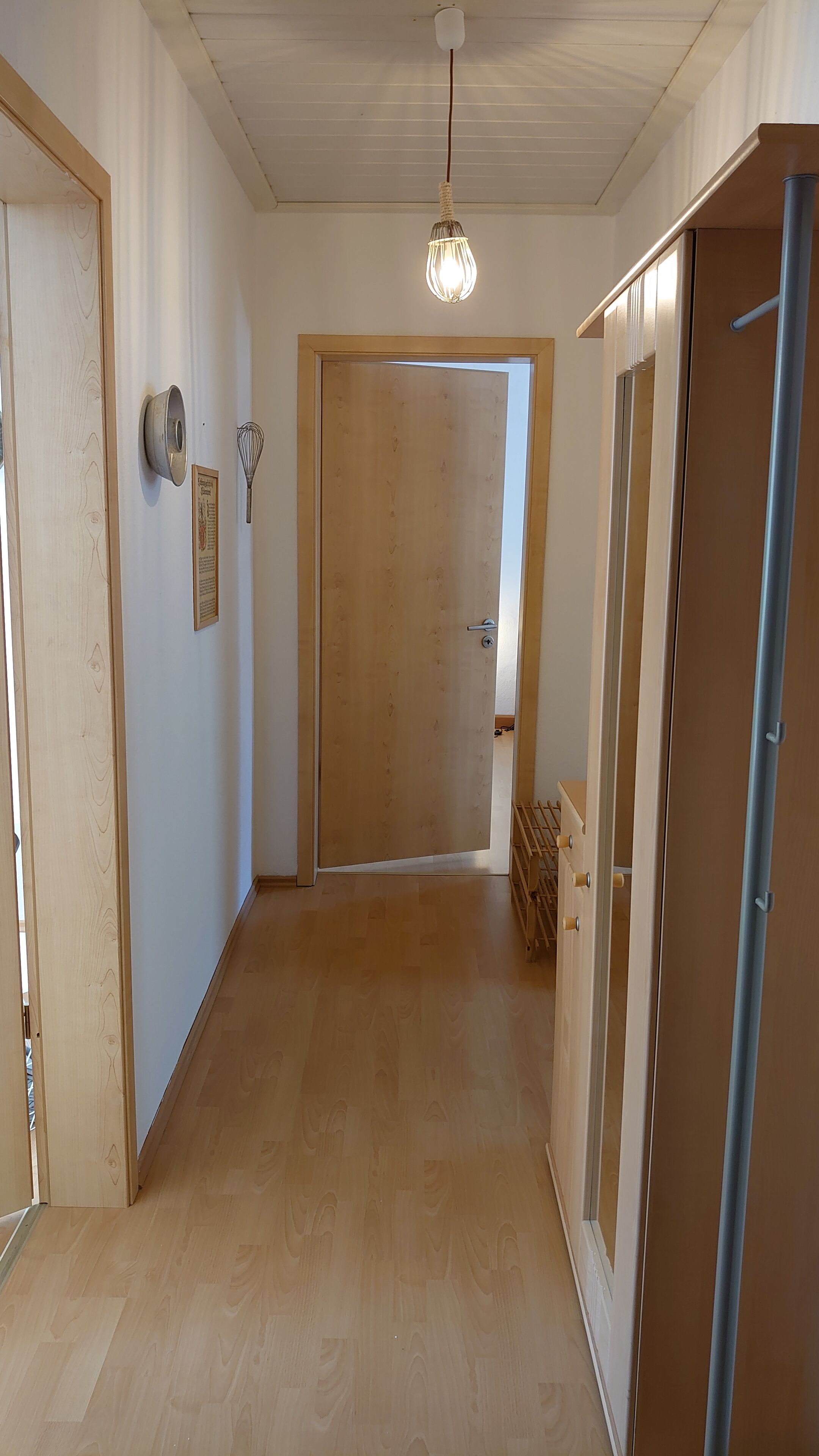 Un couloir au sol en bois, une porte en bois au fond et un luminaire suspendu au plafond.