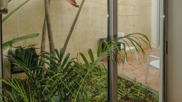 Una puerta corrediza de vidrio da a un patio con plantas en macetas y suelo de baldosas.
