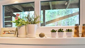 A kitchen counter with potted plants, a small decorative item, and salt and pepper shakers. - Holiday Home in Fjällbacka (Fjallbacka)