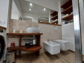 Shower, hair dryer, bidet, towels
