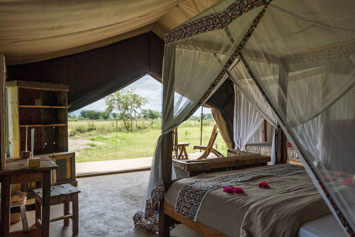 A room with a bed, a desk, and a view of the outdoors.