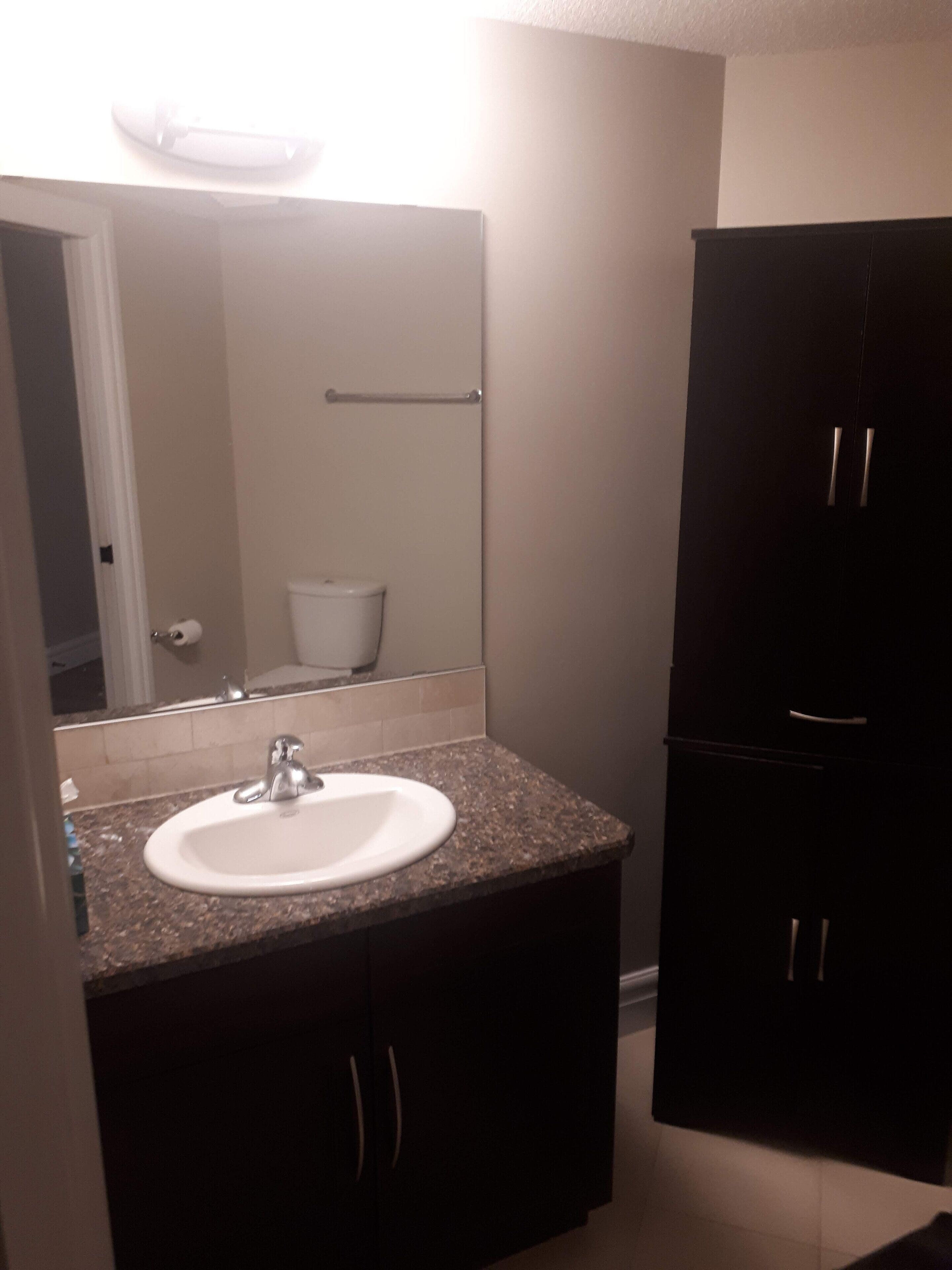 A bathroom with a white sink, dark cabinets, and a mirror above the sink.