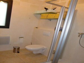 Combined shower/tub, hair dryer, towels, soap