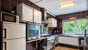 A modern kitchen with stainless steel appliances, a gas stove, and a window providing a view of greenery. - Well Furnished Home for Groups with Fireplace near Water (Gasselternijveen)