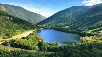 Paisaje montañoso con un lago, una carretera y un bosque denso.