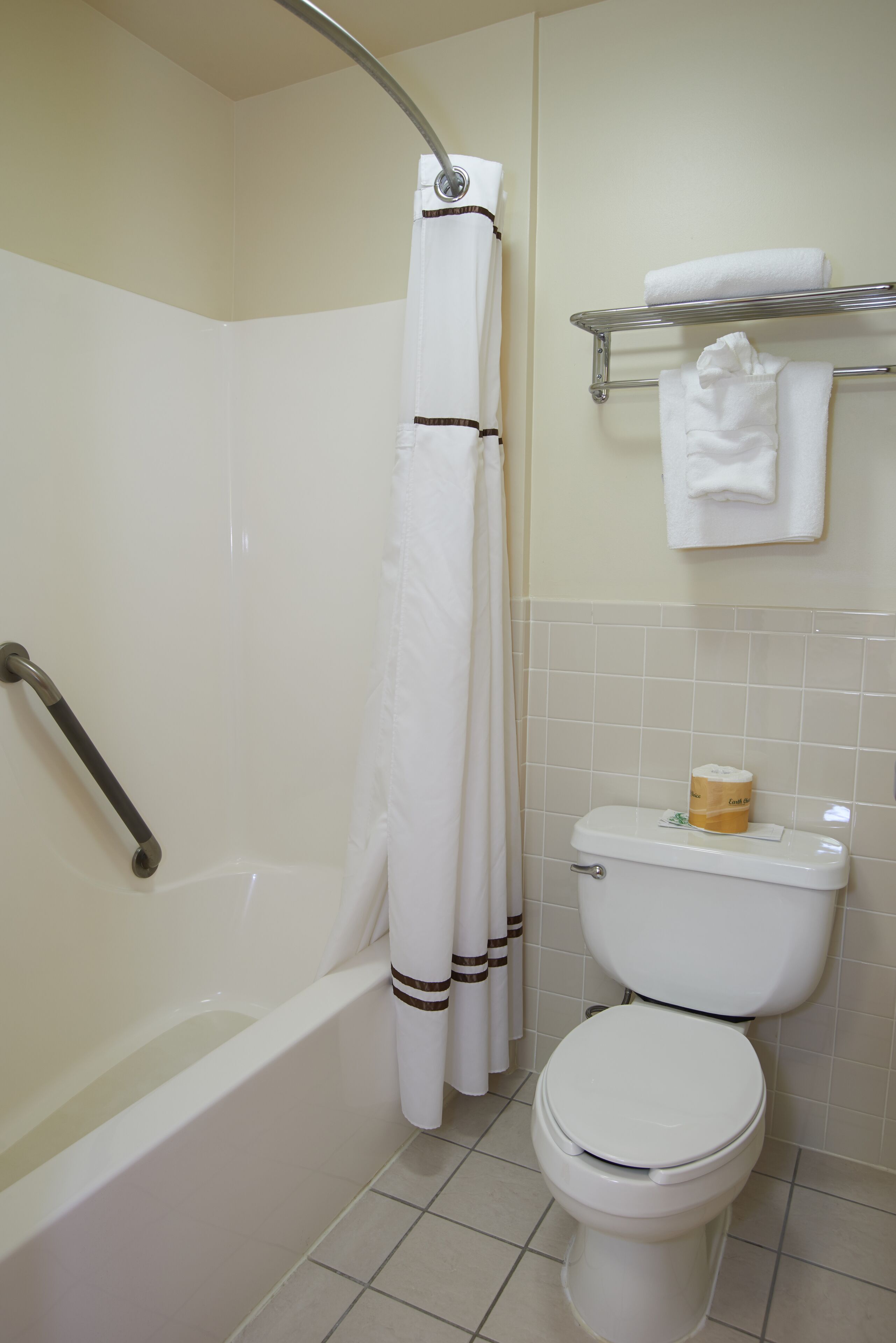 A bathroom with a bathtub, toilet, and a shower curtain.