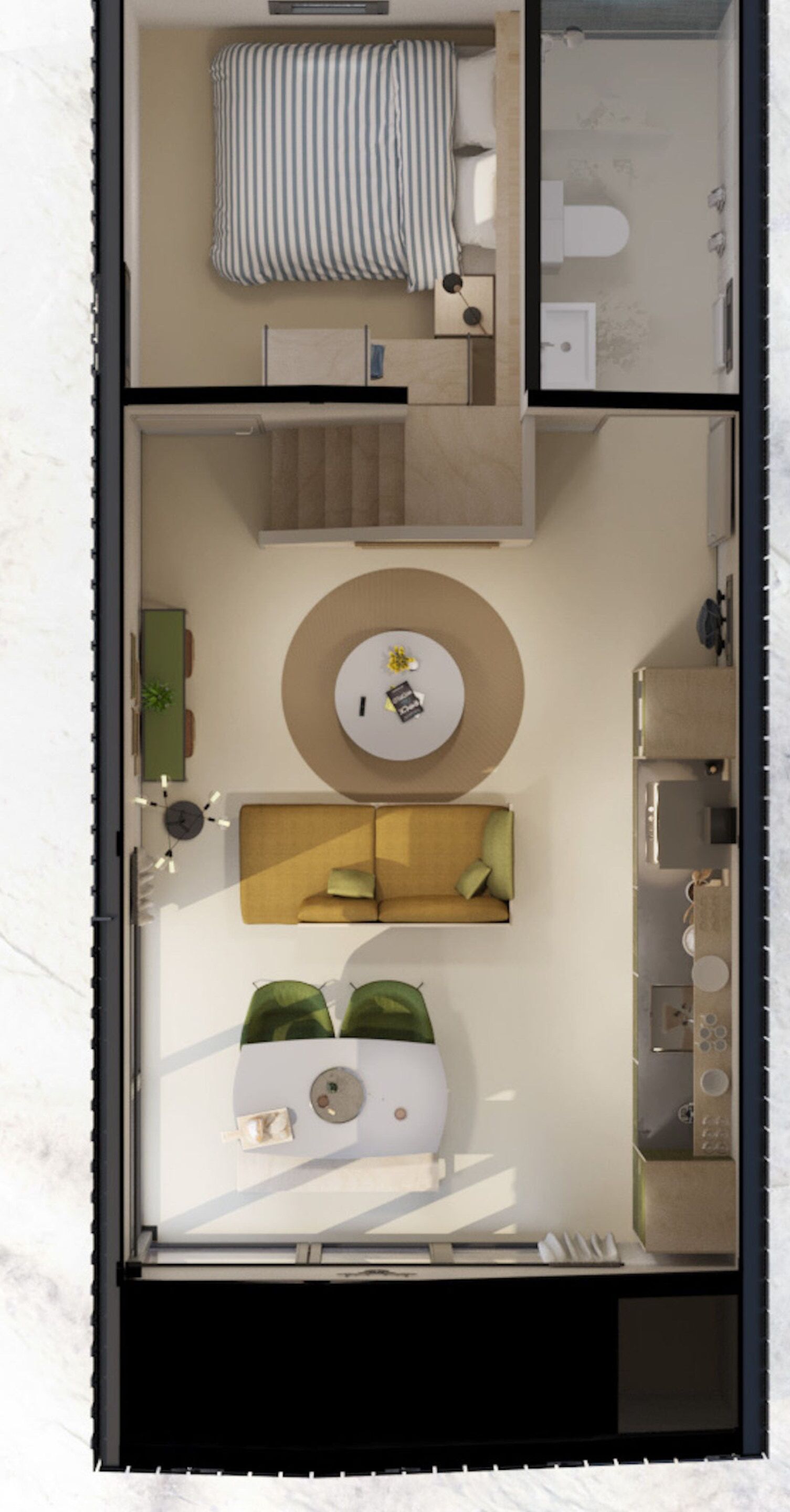 Ein modernes Interieur mit einer Couch, einem runden Tisch und einer kleinen Küchenzeile.
