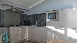 Eine moderne Küche mit Gasherd, Kaffeemaschine, Mikrowelle und edlen Edelstahl-Schränken.