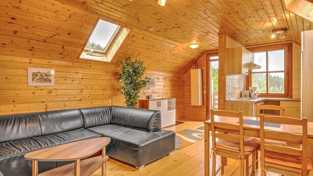 A cozy cabin interior with a leather sofa, wooden dining table, and a kitchen area. - Holiday Home in Liebenfels in Carinthia (Liebenfels)