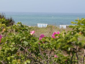 A beach view with two striped beach chairs and a clear sky. - Simplistic Apartment in Kühlungsborn near Beach (Kuehlungsborn)