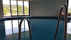 An indoor swimming pool with clear glass walls, a tiled floor, and metal pool ladders. - Chalet in Gerolstein Forest Holiday Park (Gerolstein)