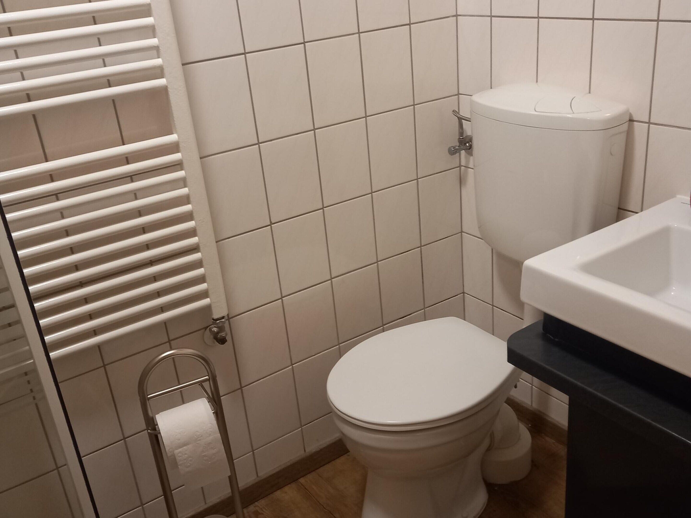 A bathroom with a toilet, a sink, and a towel rack.