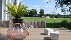 Een glazen vaas met een plantje op een houten tafel, twee witte kandelaars, en een uitzicht op een groen veld met paarden op de achtergrond.