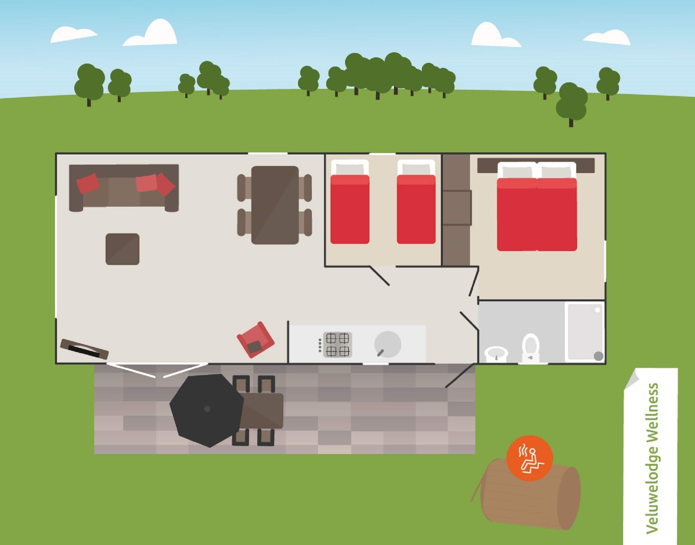 A floor plan of a wellness hotel with a dining area, two bedrooms, a bathroom, and a sauna.