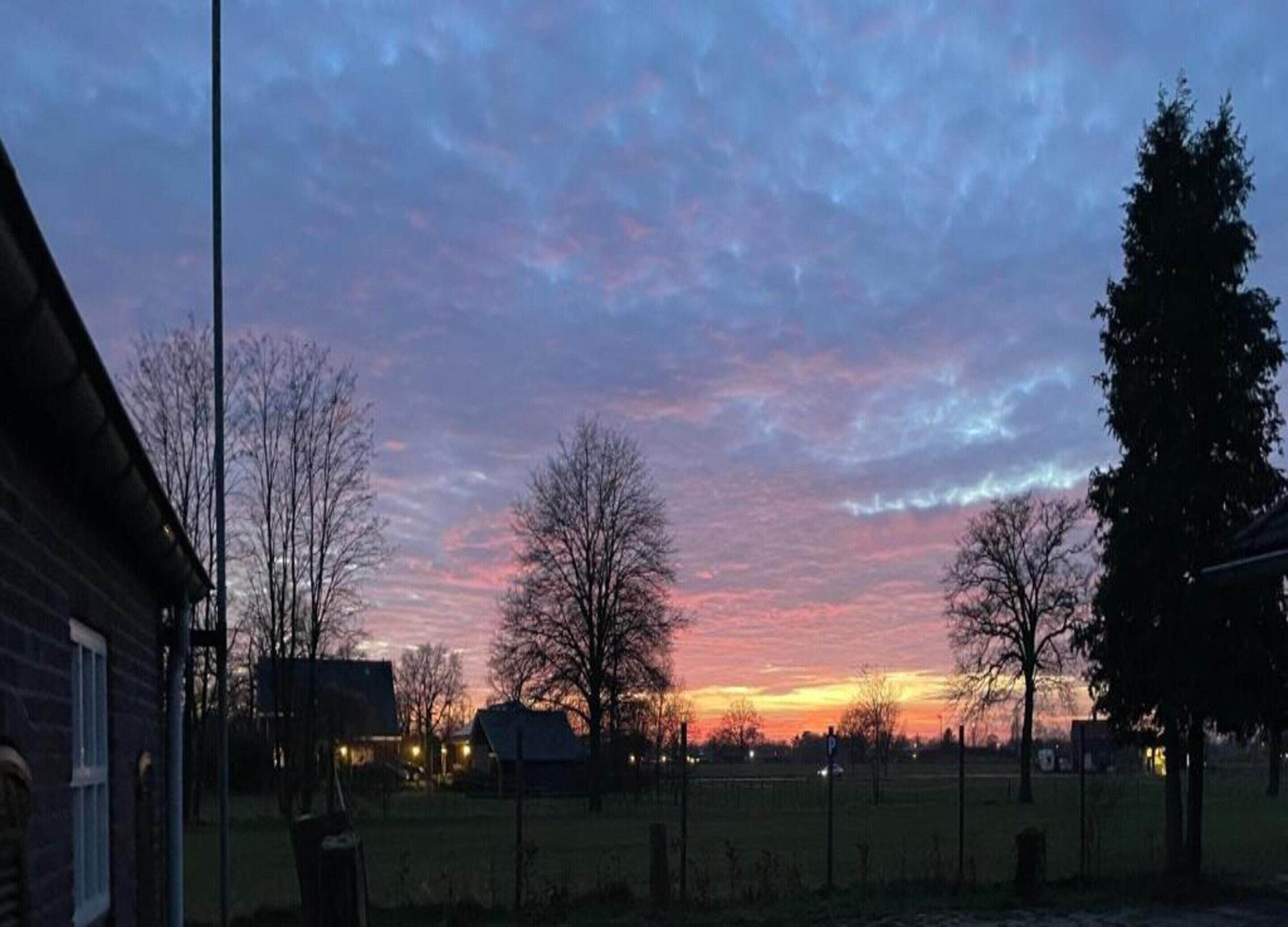A sunset over a residential area with houses, trees, and a clear sky.